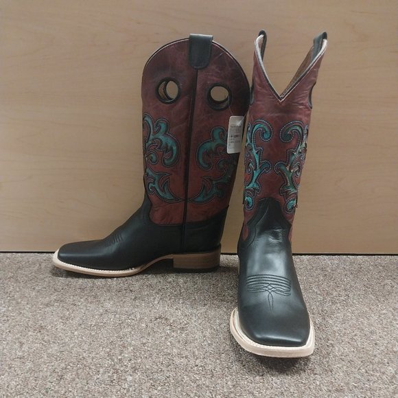 Circle G by Corral Ladies Black w/Red Shaft & Turquoise Inlay Square Toe Cowboy